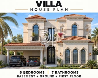 Peut inclure: Un plan de maison Villa Méditerranéenne avec un extérieur beige à deux étages, un toit en tuiles en terre cuite, des fenêtres cintrées et un abri voiture. Le texte indique : MEDITERRANEAN VILLA HOUSE PLAN, 6 BEDROOMS, 7 BATHROOMS, BASEMENT + GROUND + FIRST FLOOR, PDF + DWG.