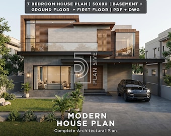 Plattegrond huis met 7 slaapkamers 50 x 90 | Kelder + 2 verdiepingen | Volledige architecturale tekenset | PDF + DWG