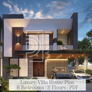 Op de afbeelding: Architecturale weergave van een modern luxe villa-huisplan. De twee verdiepingen tellende woning heeft een eigentijds ontwerp met een plat dak, grote ramen en een overdekte carport. De afbeelding bevat tekst: Luxury Villa House Plan, 5 Bedrooms, 2 Floors, PDF.