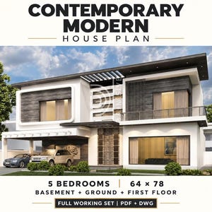 May include: A digital architectural rendering of a two-story house with a flat roof, white walls, and dark wood accents. The text reads: CONTEMPORARY MODERN HOUSE PLAN, 5 BEDROOMS, 64 x 78, BASEMENT + GROUND + FIRST FLOOR, FULL WORKING SET | PDF + DWG.