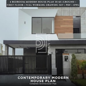 Könnte beinhalten: Ein moderner Hausplan mit zeitgenössischem Design. Das Bild zeigt ein zweistöckiges Haus mit Flachdach, großen Fenstern und einer Akzentwand aus Holz. Der Text lautet "4 SCHLAFZIMMER MODERN HAUSPLAN 35x65".