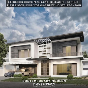 Könnte beinhalten: Ein moderner zweistöckiger Hausplan mit weißer Fassade, dunkelgrauen Akzenten und einem Flachdach. Das Bild enthält den Text "5 BEDROOM HOUSE PLAN 64x78" und "CONTEMPORARY MODERN HOUSE PLAN". Das Haus hat einen Carport und einen angelegten Vorgarten.