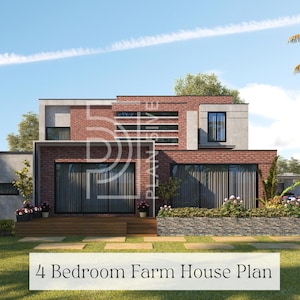 Könnte beinhalten: Moderner zweistöckiger Hausplan mit Backsteinfassade, großen Fenstern und Flachdach. Das Haus verfügt über eine Holzterrasse, einen gepflegten Rasen und ein Blumenbeet. Der Text "4 Bedroom Farm House Plan" wird unten angezeigt.
