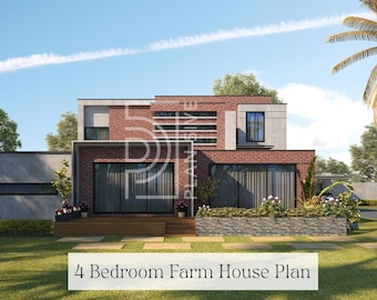 Moderne boerderijplattegrond met 4 slaapkamers | Architectuurtekeningen (pdf + dwg)