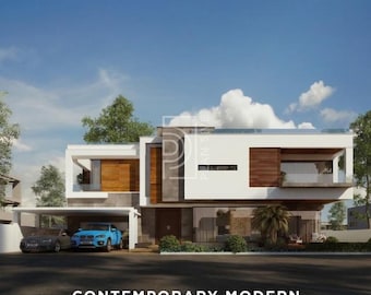 Luxe huisplan met 5 slaapkamers | Moderne architecturale tekeningenset met 3 verdiepingen (pdf + dwg)