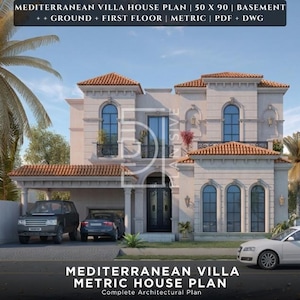 Könnte beinhalten: Ein mediterraner Villa-Hausplan mit beigefarbenem Äußeren, gewölbten Fenstern und einem Terrakotta-Ziegeldach. Der Plan umfasst ein Untergeschoss, Erdgeschoss und Obergeschoss mit den Maßen 50 x 90. Der Text lautet "MEDITERRANEAN VILLA METRIC HOUSE PLAN".