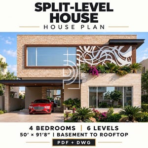 May include: A split-level house plan featuring a beige stone exterior, a carport with a red car, and a decorative white screen. Text includes SPLIT-LEVEL HOUSE, 4 BEDROOMS, 6 LEVELS, 50' x 91'8", BASEMENT TO ROOFTOP, and PDF + DWG.
