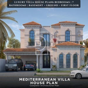 Könnte beinhalten: Ein mediterraner Villa-Hausplan mit beigefarbenem Äußeren, rotem Ziegeldach und Bogenfenstern. Das Bild enthält den Text "LUXURY VILLA HOUSE PLAN6 BEDROOMS | 7 BATHROOMS | BASEMENT + GROUND + FIRST FLOOR" und "MEDITERRANEAN VILLA HOUSE PLAN Complete Architectural Plan."