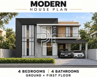 May include: A two-story house plan titled CONTEMPORARY MODERN HOUSE PLAN with 4 bedrooms and 4 bathrooms. The exterior features a black and white facade with wood accents, large windows, a balcony, and a carport containing two parked cars.