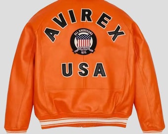 New Mens Avirex USA Edition Orange Cowhide Bomber Handmade Flight Jacket American Aviation Zipper