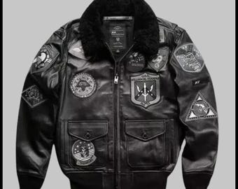 Nueva chaqueta bomber Avirex para hombre, de piel de vacuno auténtica negra / Estilo aviador American Flight
