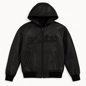 May include: Black leather hooded jacket with a zip-up front and the word "Adires" embossed on the chest. The jacket features a ribbed hem and cuffs, and two front pockets. The hood is lined with a darker material.