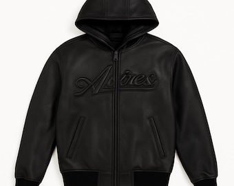 Mens Black Avirex Leather Hoodie Jacket | Vintage Half-Zip Pullover | Leather Streetwear | Classic Bomber Style