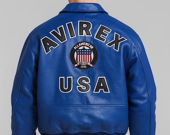 Men’s Avirex Blue Bomber Jacket | Real/Faux Leather American Flight Coat Vintage Aviator Style