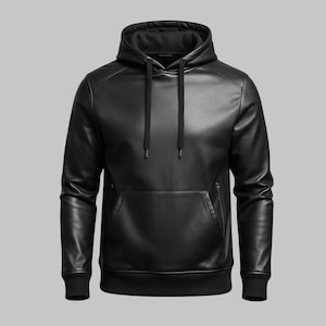Puede incluir: Sudadera con capucha de cuero negro con cordón y bolsillo de canguro. La sudadera tiene puños y dobladillo acanalados. El material es de color negro liso. Es una prenda informal.