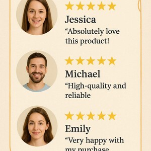 Puede incluir: Gr&aacute;fico de rese&ntilde;as de clientes con tres fotos de clientes y valoraciones por estrellas. Jessica dice: "&iexcl;Me encanta este producto!" Michael dice: "Alta calidad y confiable". Emily dice: "Muy contenta con mi compra".