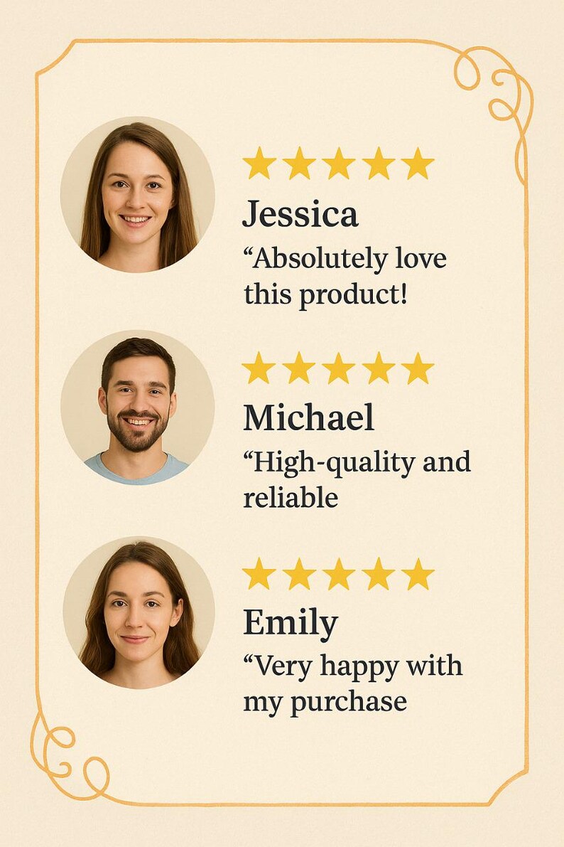 Puede incluir: Gr&aacute;fico de rese&ntilde;as de clientes con tres fotos de clientes y valoraciones por estrellas. Jessica dice: "&iexcl;Me encanta este producto!" Michael dice: "Alta calidad y confiable". Emily dice: "Muy contenta con mi compra".