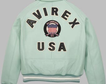 Avirex USA Varsity Bomber Cowhide Leather Aviator Sea Green Vintage Streetwear Jacket Iconic 90s