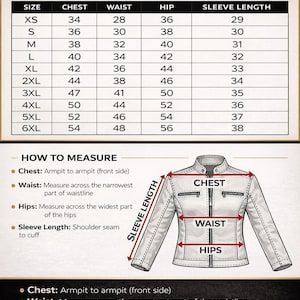 Puede incluir: Tabla de tallas de chaquetas para mujer, con medidas en pulgadas. Tallas de XS a 6XL, detallando pecho, cintura, cadera y largo de manga. Incluye un diagrama ilustrativo de c&oacute;mo medir.
