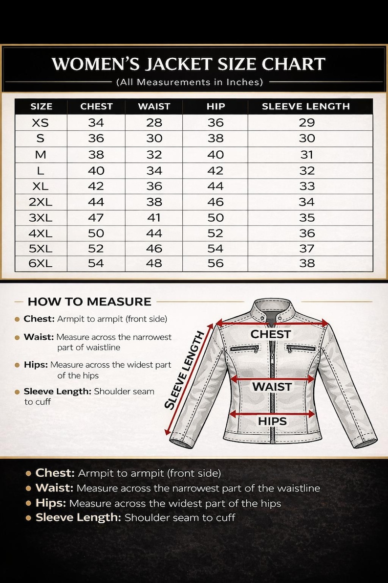 Puede incluir: Tabla de tallas de chaquetas para mujer, con medidas en pulgadas. Tallas de XS a 6XL, detallando pecho, cintura, cadera y largo de manga. Incluye un diagrama ilustrativo de c&oacute;mo medir.