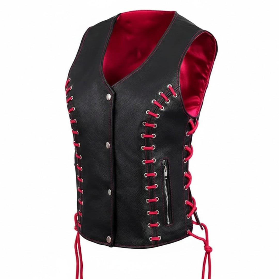 Black & Red Lace up Leather Vest Women Biker Style Genuine Leather ...