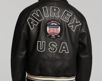 Chaqueta bomber Avirex de cuero negro para hombre / Piel de vaca auténtica, estilo aviador vintage americano