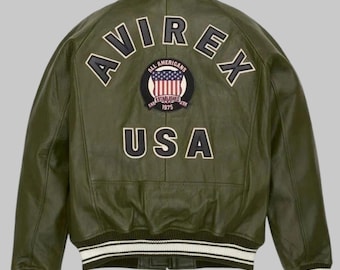 Chaqueta Avirex estilo aviador de piel de cordero color oliva estilo aviador American Flight verde militar para hombre