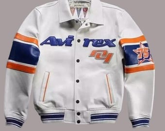 Men’s Avirex White American Flight Genuine Cowhide Leather Bomber | Real Men’s Leather Jacket