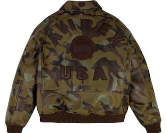 Bomber Jacket Mens Leather Jacket - Camouflage Military Style Leather Jacket Men - Vintage Flight Jacket - Avirex leather jacket