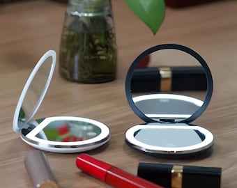Portable Pocket Makeup Mirror LED and Double-Sided Mirror 5x Magnification and Rechargeable Battery
