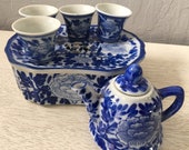 Vintage Blue and White Chinese Porcelain Tea Set with Tray Lotus Flower Pattern Yongzheng Nian Zhi