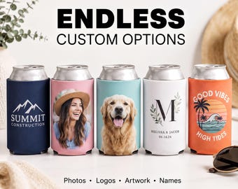 Custom Can Cooler - Personalized Photo Logo Drink Holder - Neoprene, Wedding Favor, Bulk Custom Party Gift