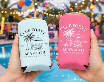 Personalized Can Cooler 40th Birthday Favor: Tropical Beach Theme, Neoprene Material (Custom Text, Fits Standard Cans)