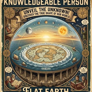May include: A vintage poster with the text "IF YOU READ THIS PDF... YOU WILL BECOME THE MOST KNOWLEDGEABLE PERSON." The poster shows a flat earth map with ships sailing around an ice wall, and the sun and moon in the sky.