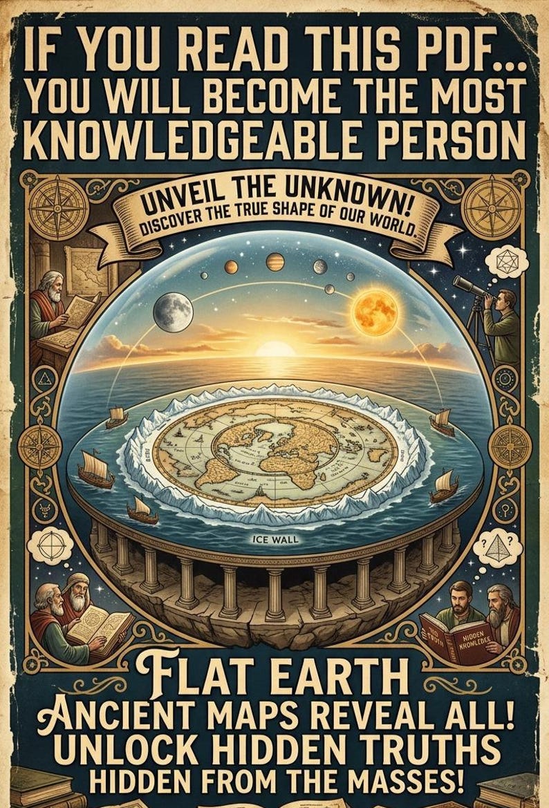 May include: A vintage poster with the text "IF YOU READ THIS PDF... YOU WILL BECOME THE MOST KNOWLEDGEABLE PERSON." The poster shows a flat earth map with ships sailing around an ice wall, and the sun and moon in the sky.