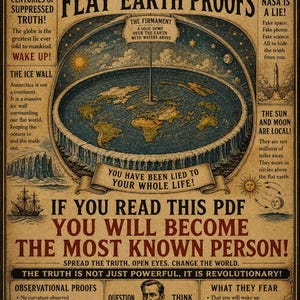 May include: A vintage poster with a flat earth map illustration and text. The poster includes phrases such as "The Truth They Don't Want You to Know" and "Flat Earth Proofs." The colour scheme is sepia and brown.
