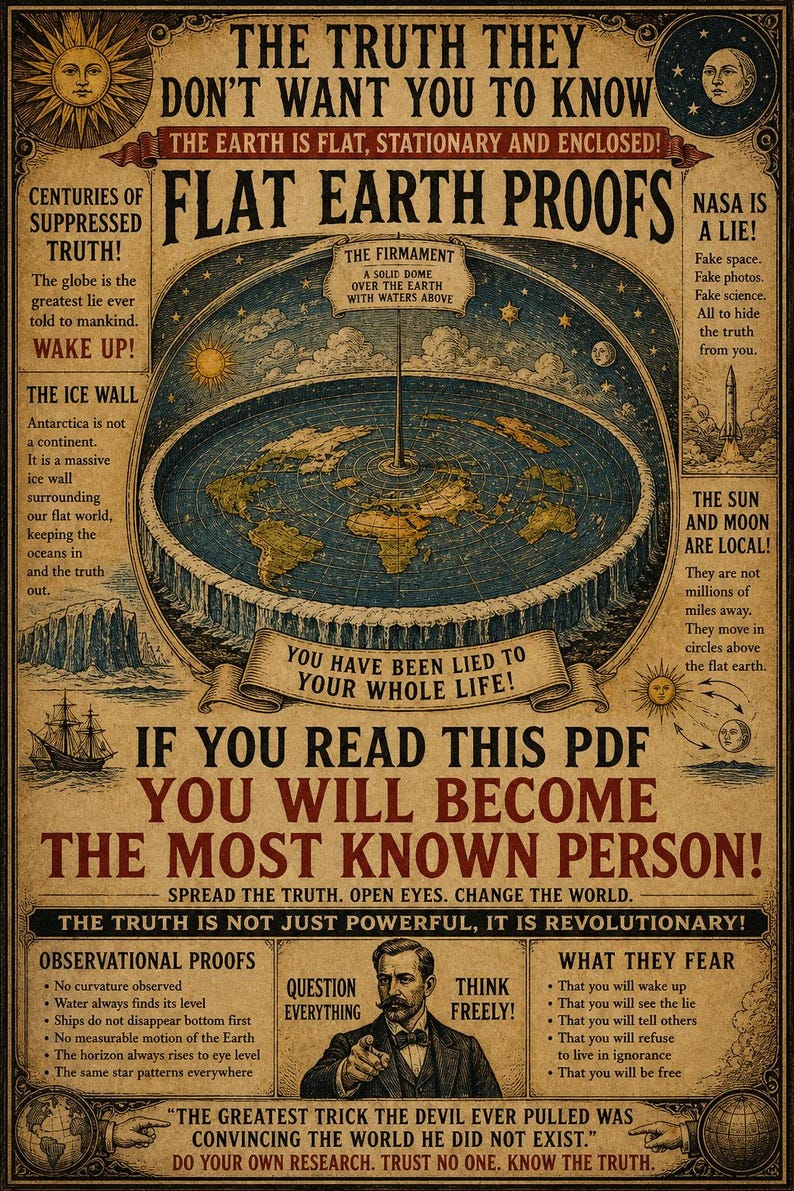 May include: A vintage poster with a flat earth map illustration and text. The poster includes phrases such as "The Truth They Don't Want You to Know" and "Flat Earth Proofs." The colour scheme is sepia and brown.