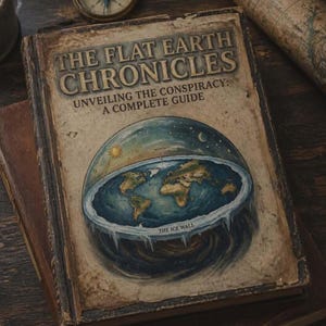 May include: A weathered book titled "THE FLAT EARTH CHRONICLES" with the subtitle "Unveiling the Conspiracy: A Complete Guide." The cover depicts a flat Earth with an ice wall, sun, and moon. A compass and map are visible in the background, evoking a sense of exploration.
