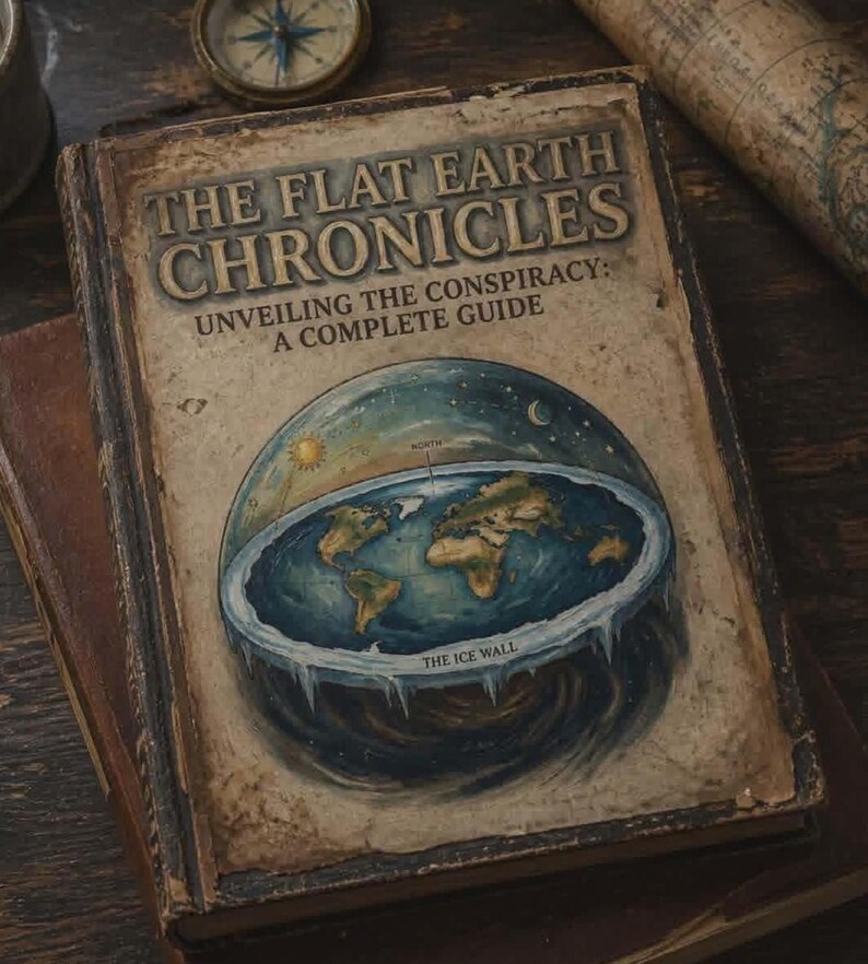 May include: A weathered book titled "THE FLAT EARTH CHRONICLES" with the subtitle "Unveiling the Conspiracy: A Complete Guide." The cover depicts a flat Earth with an ice wall, sun, and moon. A compass and map are visible in the background, evoking a sense of exploration.