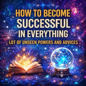 Puede incluir: Ilustración digital con temática cósmica. La imagen presenta una bola de cristal brillante sobre un soporte, un libro abierto con luz y el texto "HOW TO BECOME SUCCESSFUL IN EVERYTHING". El fondo está lleno de estrellas y patrones celestiales.