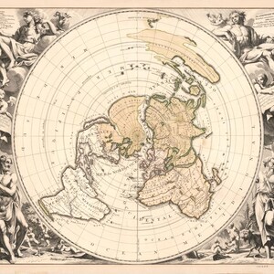 May include: Vintage world map print with detailed cartography of continents and oceans. The map is framed by classical figures and decorative elements. The color scheme includes beige, brown, and black.