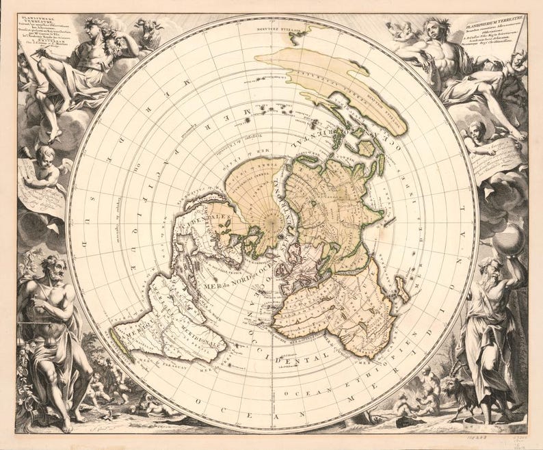 May include: Vintage world map print with detailed cartography of continents and oceans. The map is framed by classical figures and decorative elements. The color scheme includes beige, brown, and black.