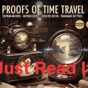 Op de afbeelding: Een steampunk-kunstwerk met twee tijdmachines. De tekst "PROOFS OF TIME TRAVEL" en "Just Read It" zijn prominent aanwezig. De achtergrond is een bibliotheek, met de zegels "HANDMADE" en "UNUSELLER".