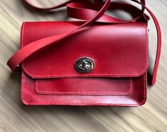 Handmade leather red shoulder bag