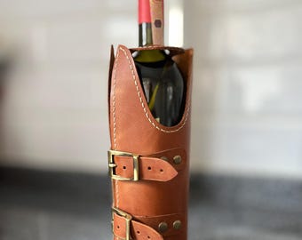 Handmade leather wine bag, tan rustic wine bottle holder