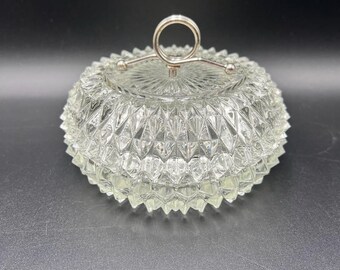 Vintage 1978 Indiana Glass Clear Diamond Point Round Boutique Candy/Trinket Dish