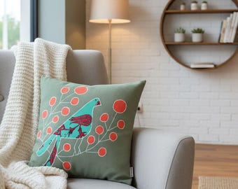 Bird Pillow Green Textile Decor Handmade Cushion Modern Art Home