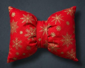 Red Bow Pillow, Snowflake Christmas Cushion, Handmade Holiday Decor, Festive Sofa Accent, Gift