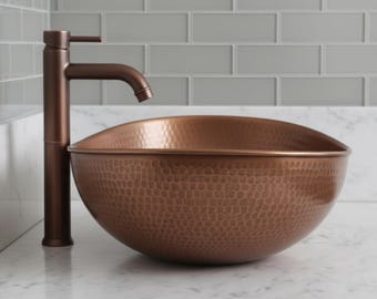 Antique Hammered Copper Vessel Sink - Handmade Oval Round Basin - Copper Bathroom Sink - Rustic Farmhouse Vanity Sink - Luxury Copper Sink
