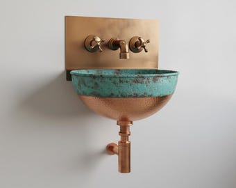 Hammered Copper Vessel Sink Wall Mount Set - Green Patina Bathroom Washbasin - Rustic Handcrafted Metal Vanity - Handcrafted Bathroom Sink